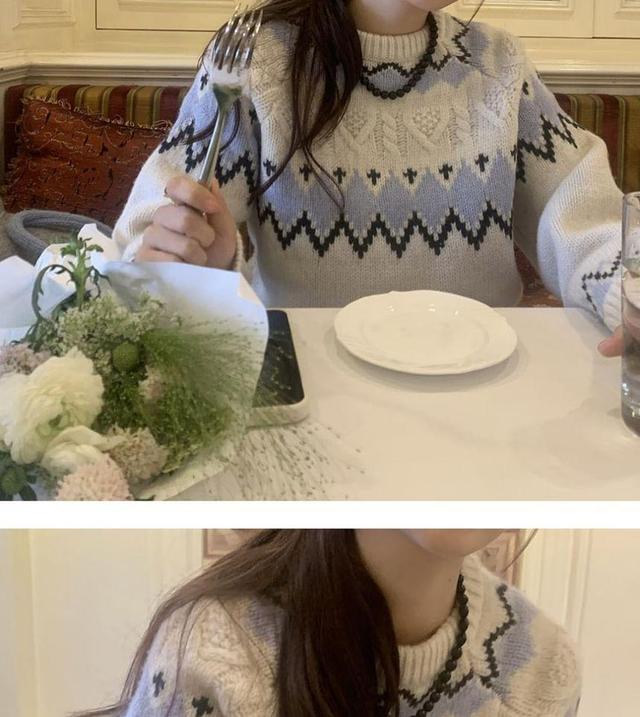 Round Neck Patterned Oversized Sweater Product Image