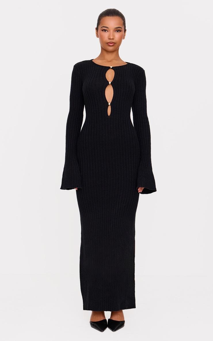 Black Soft Knit Flared Sleeve Cut Out Front Maxi Dress Product Image