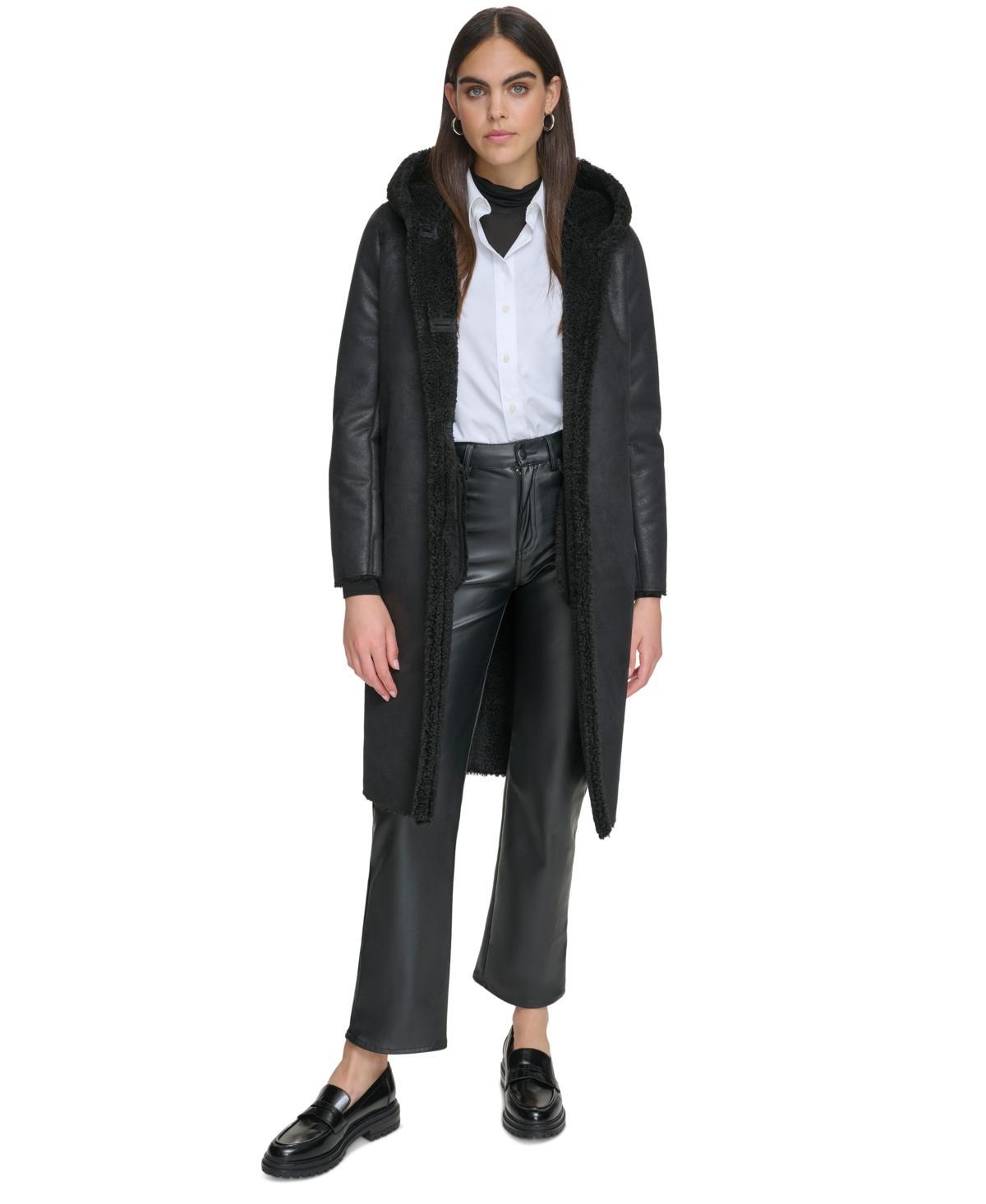 Calvin Klein Womens Hooded Faux-Shearling Trim Coat Product Image