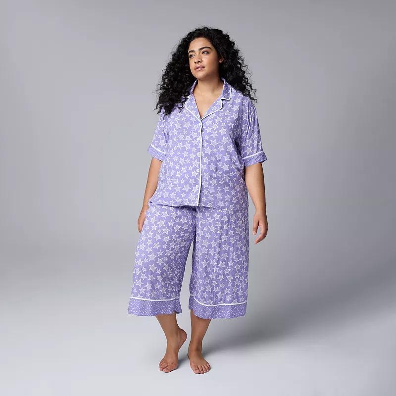 Plus Size Simply Vera Vera Wang Short Sleeve Notch Pajama Top & Pajama Culotte Pants Set, Womens Purple Star Product Image