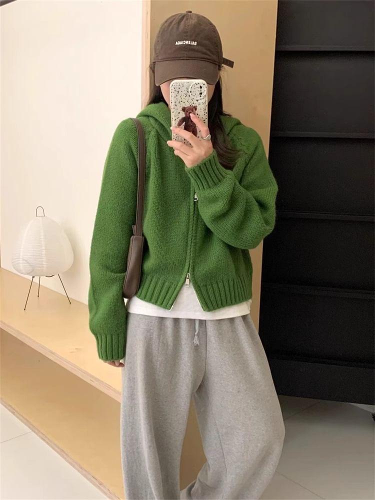 Plain Zip-Up Crop Knit Hoodie Product Image