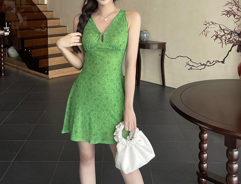 Sleeveless V-Neck Floral Mini A-Line Dress Product Image