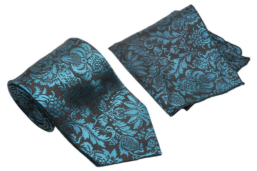 Teal Blue Floral Pattern Men's Classic Tie and Pocket Square Set Product Image