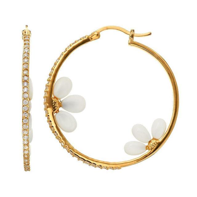 Sophie Miller Cubic Zirconia & Simulated White Agate 14k Gold Over Silver Floral Hoop Earrings, Womens Product Image