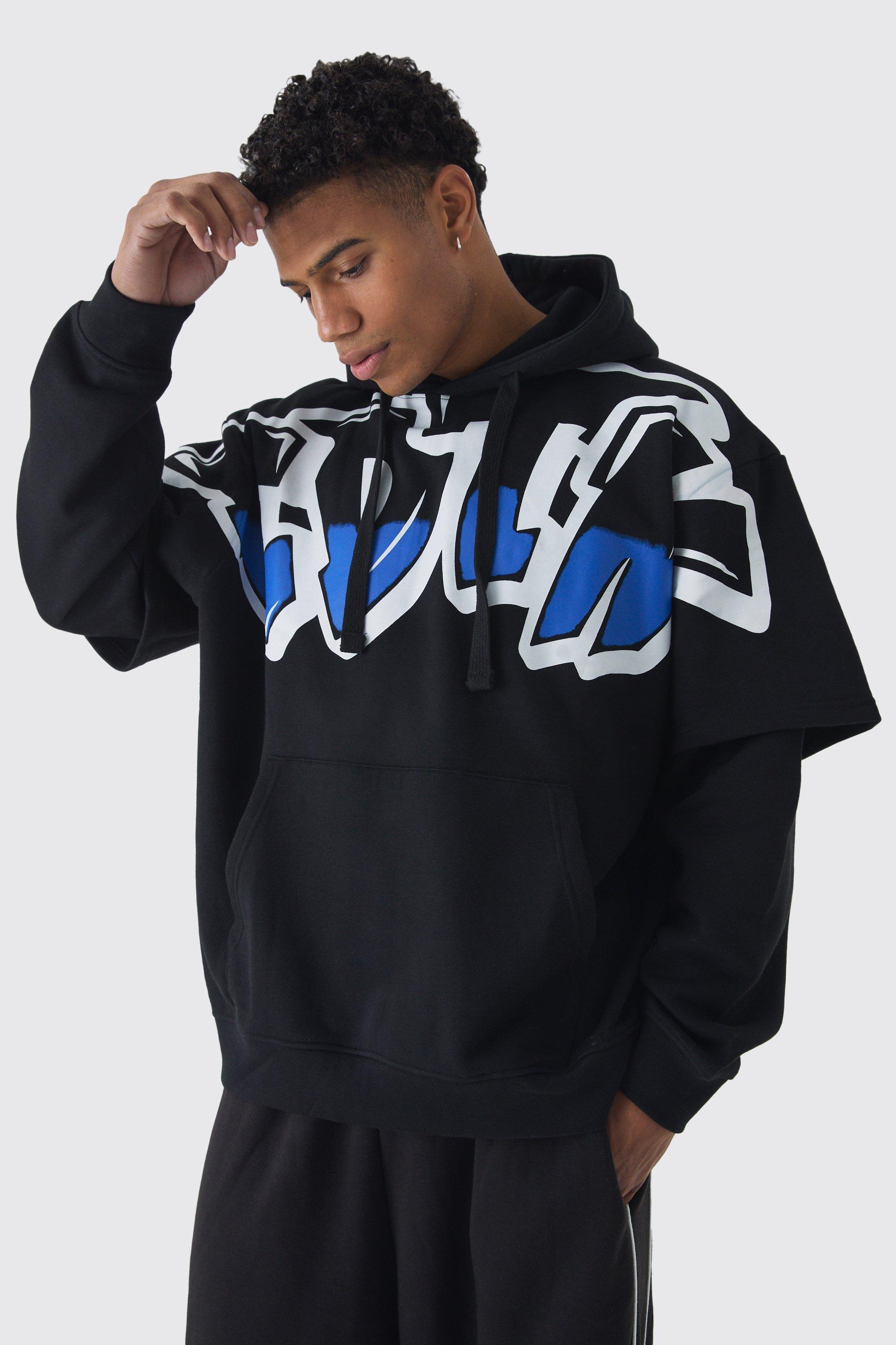 Oversized Faux Layer Graffiti Hoodie | boohooMAN USA Product Image