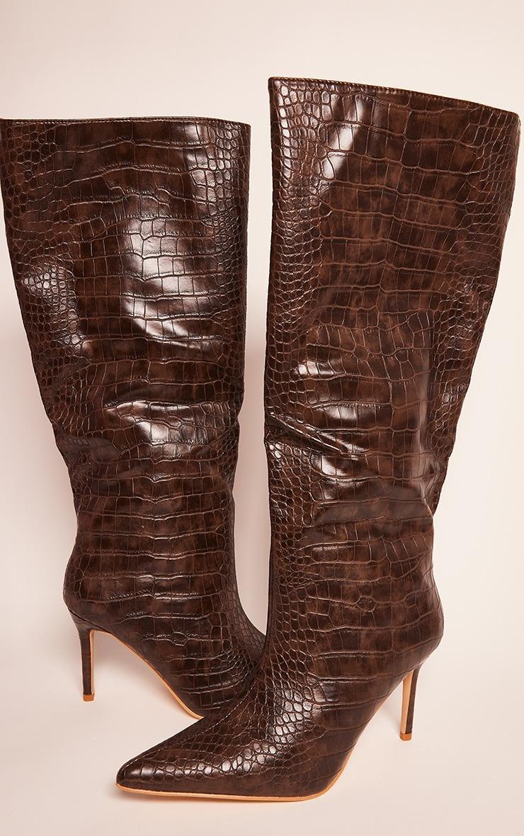 Chocolate PU Croc Detail Point Toe Stiletto Heeled Knee Boots Product Image