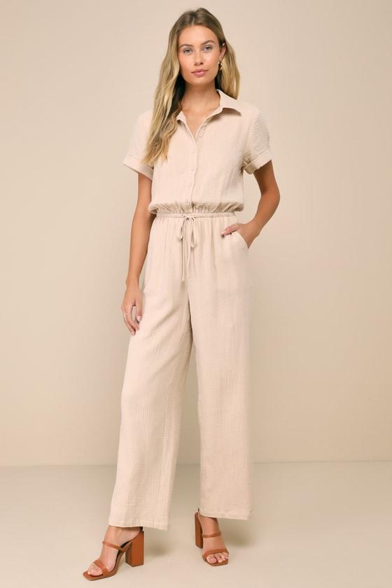 Laidback Living Beige Button-Front Short Sleeve Jumpsuit Product Image