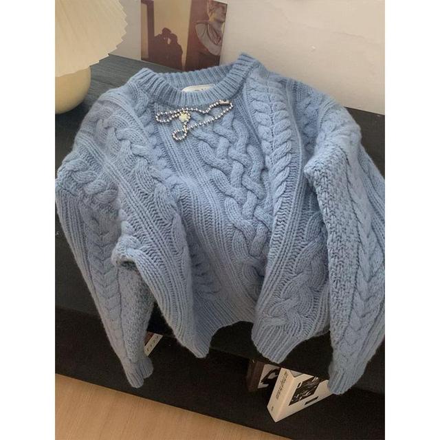 Round Neck Plain Cable Knit Sweater Product Image