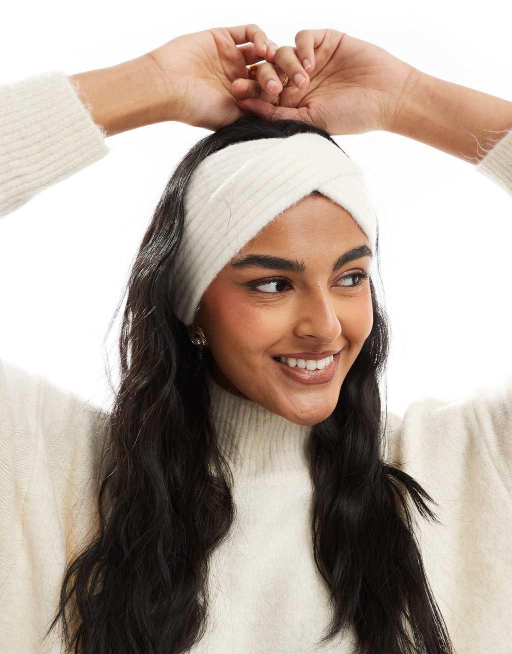 ASOS DESIGN cross over knit headband in cream Product Image