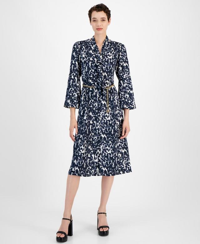 Michael Michael Kors Womens Printed Tie-Neck Chain-Belt Midi Dress Product Image