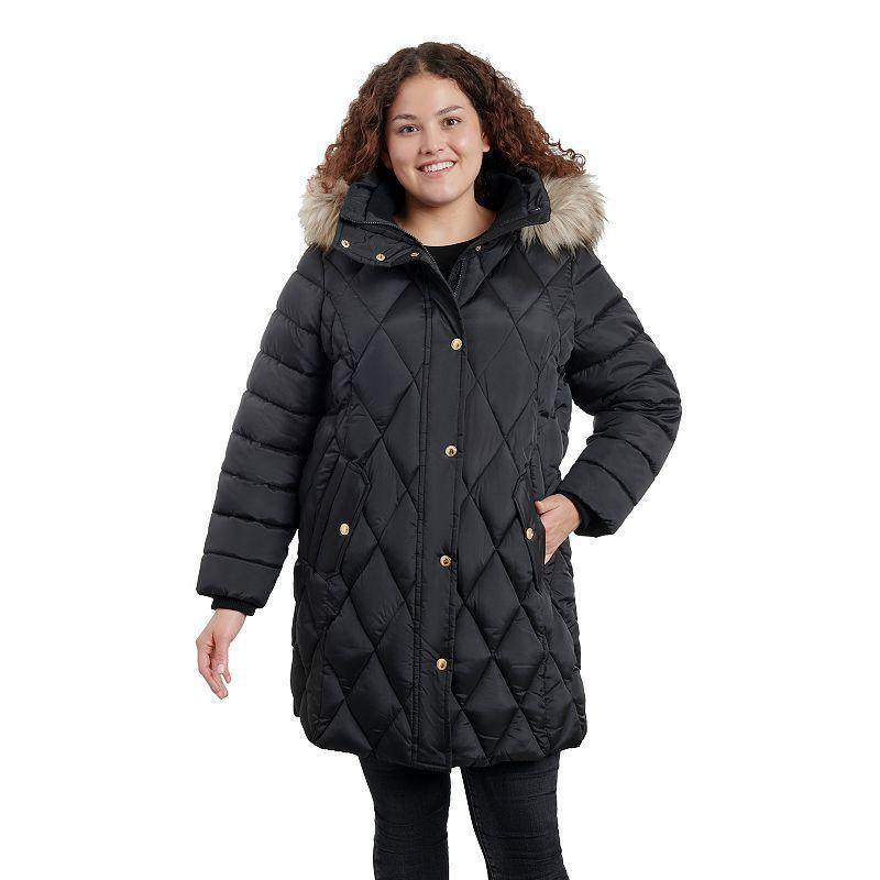 Plus Size London Fog Faux-Fur Hood Diamond Quilt Puffer Jacket, Womens Dark Brown Product Image