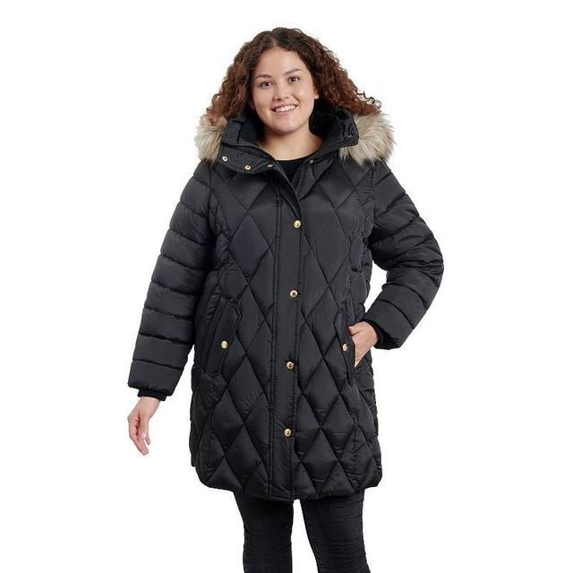 Plus Size London Fog Faux-Fur Hood Diamond Quilt Puffer Jacket, Womens Dark Brown Product Image