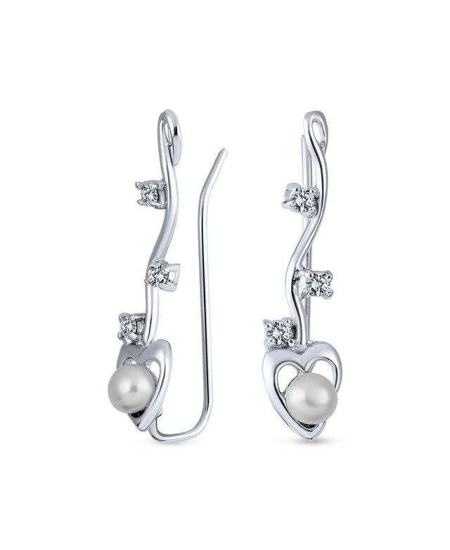 Bling Jewelry Heart White Freshwater Cultured Pearl Wire Ear Pin Climbers Earrings For Women Round Crawlers Sterling Silver Product Image