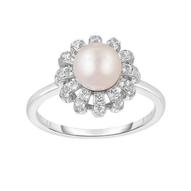 Sterling Silver Freshwater Cultured Pearl & Lab Created White Sapphire Ring, Womens Product Image