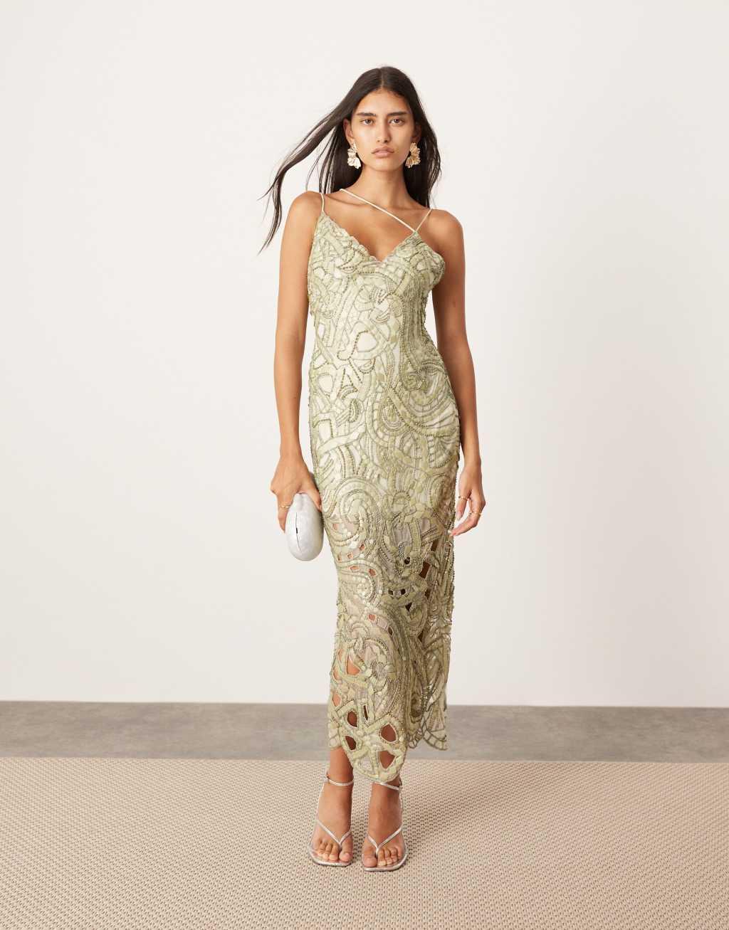 ASOS EDITION mosaic embellished strappy cami midi dress with low back in sage green Product Image