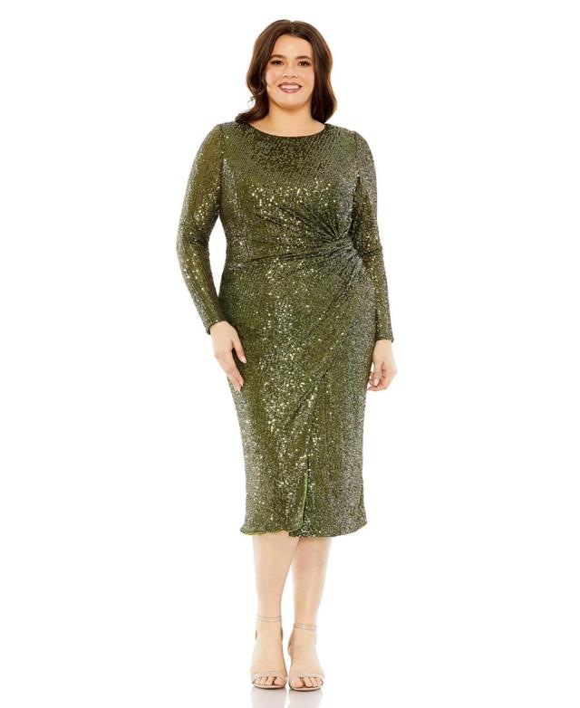 Mac Duggal Womens Plus Size Long Sleeve Sequin Gathered Waist Dress Product Image