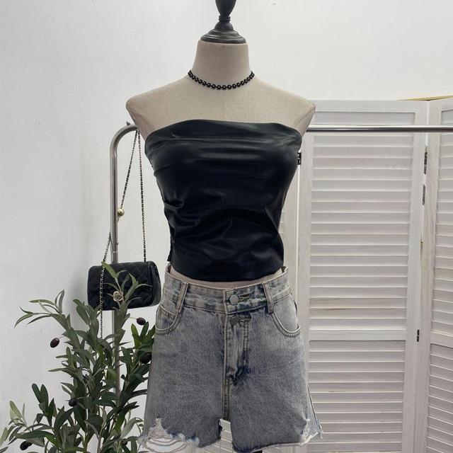 Strapless Faux Leather Plain Ruched Crop Top Product Image