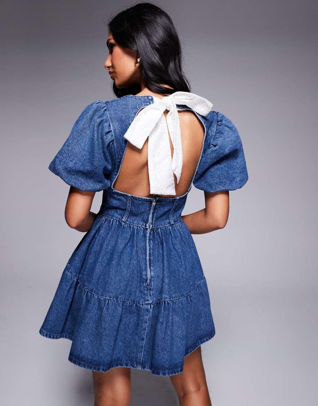 ASOS LUXE denim puff sleeve corsetted mini skater dress in blue dark wash Product Image