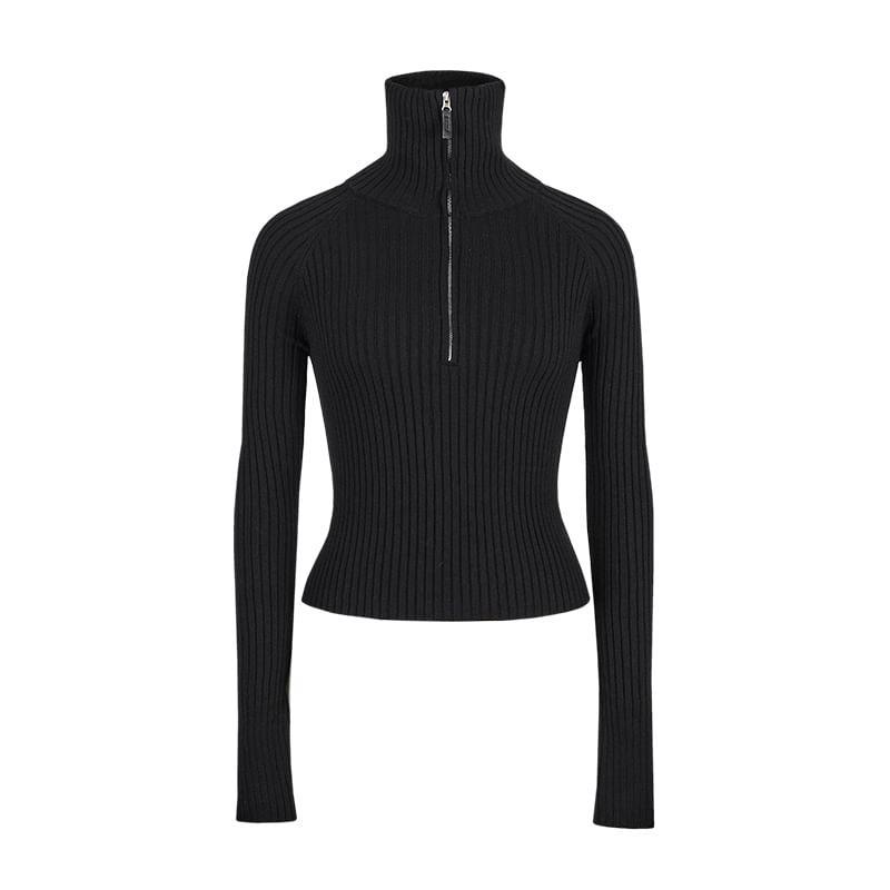 Turtleneck Plain Half Zip Ribbed Sweater Product Image