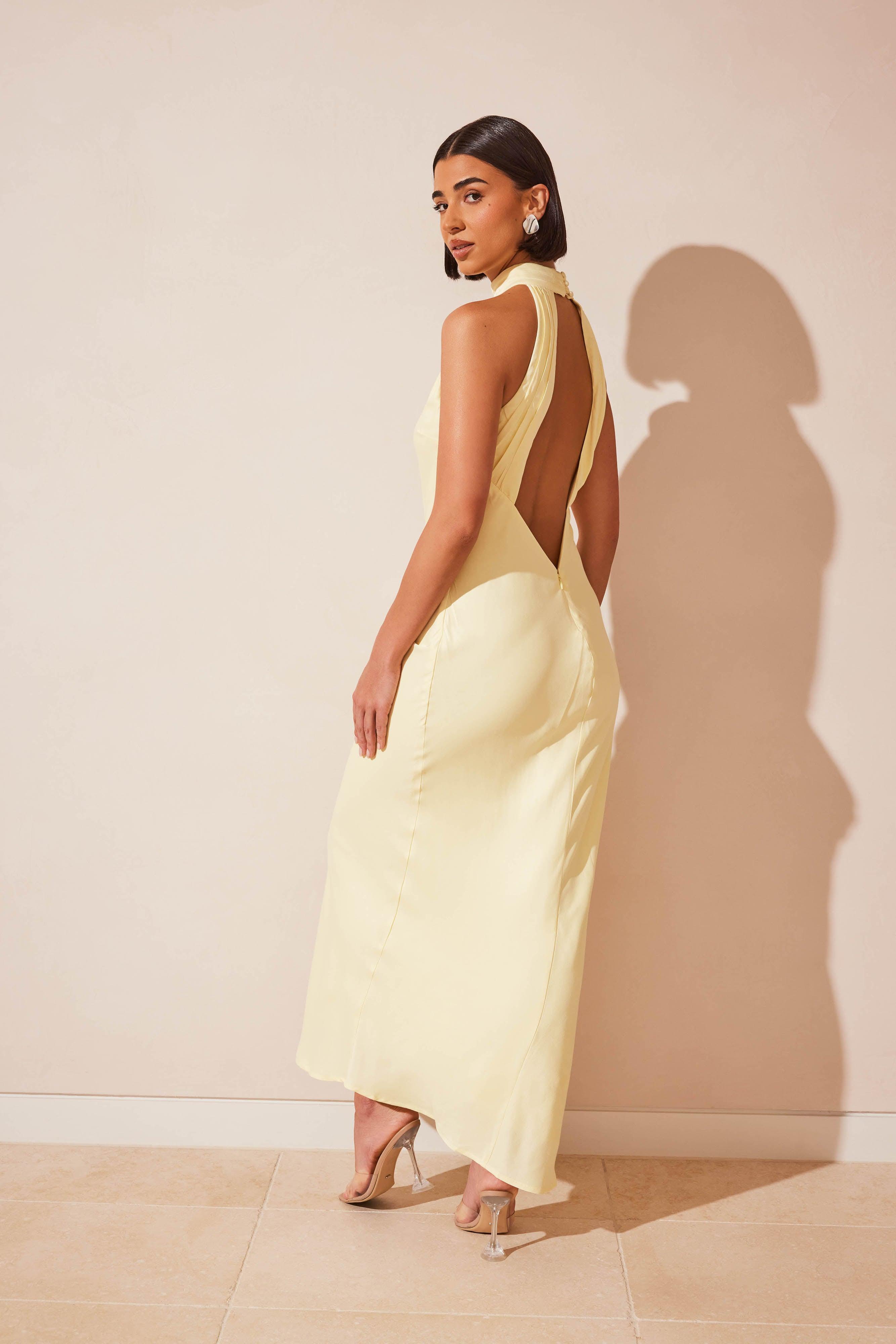 Claire Matte Satin Drape Back Maxi Dress - Light Yellow Product Image