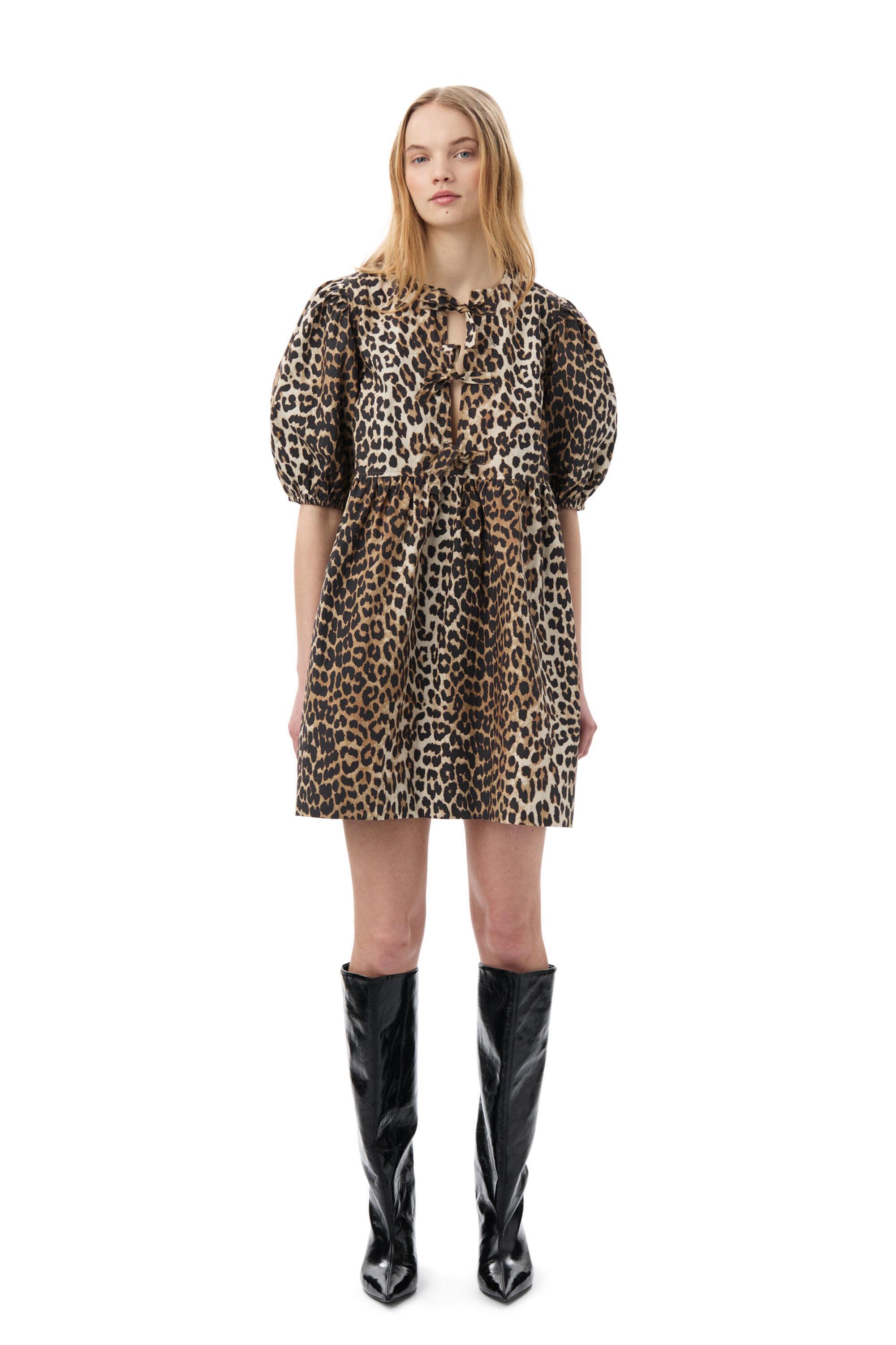 Leopard Printed Cotton Tie String Mini Dress Product Image