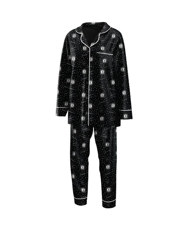 Womens Black Brooklyn Nets Long Sleeve Button-Up Shirt Pants Sleep Set Product Image