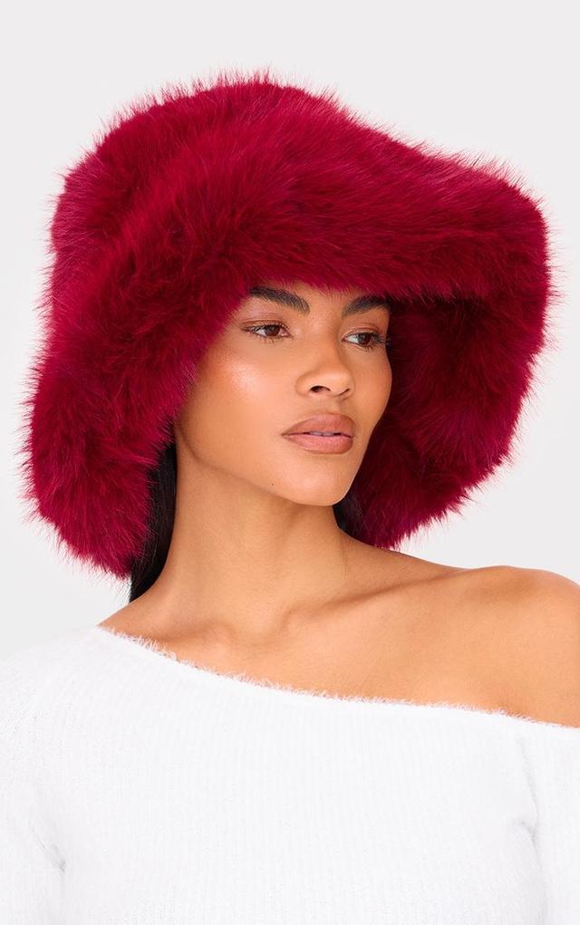 Burgundy Faux Fur Fluffy Bucket Hat Product Image