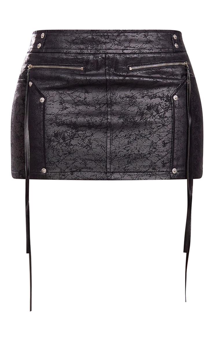 Black Crack Coated Zip Detail Denim Mini Skirt Product Image