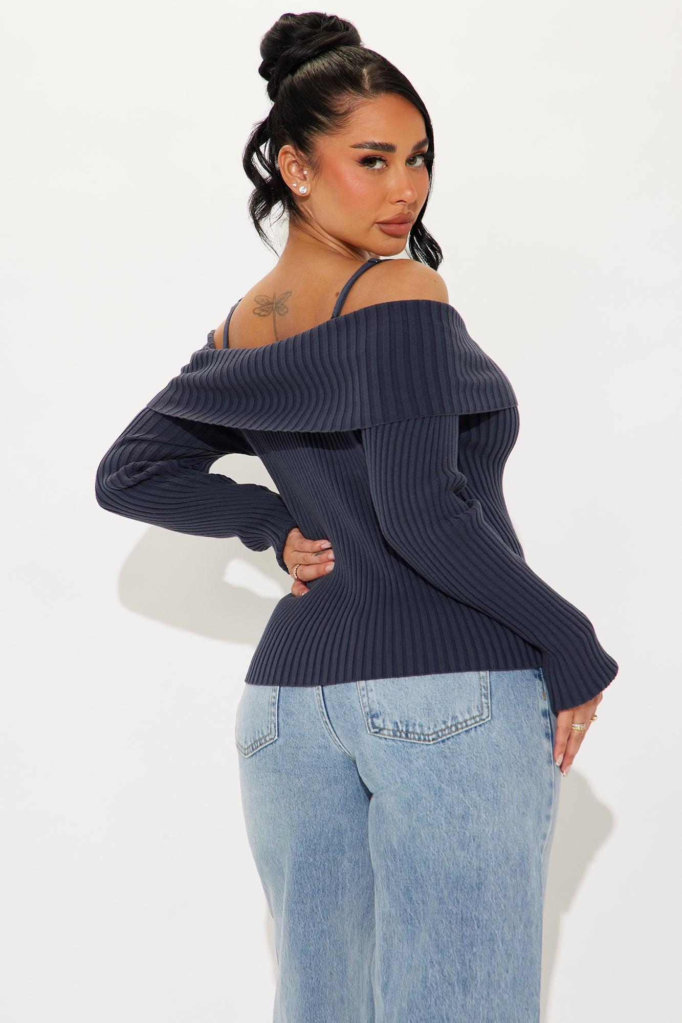 Losing It Off Shoulder Sweater - Navy Product Image