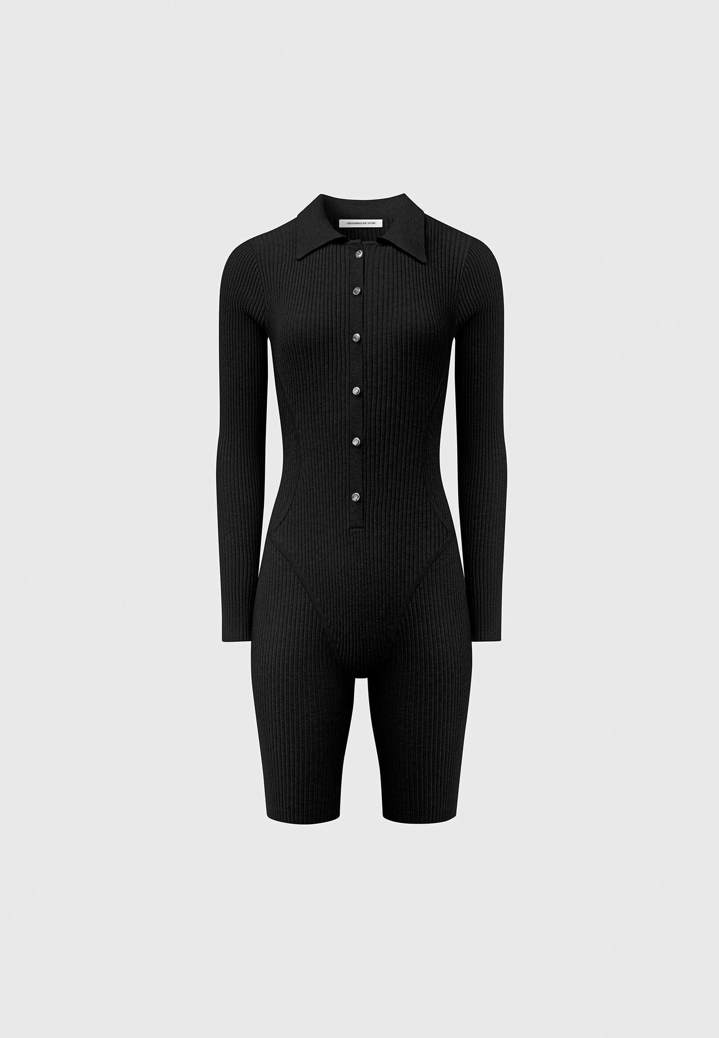 Ribbed Knit Long Sleeve Playsuit - Black Female Product Image