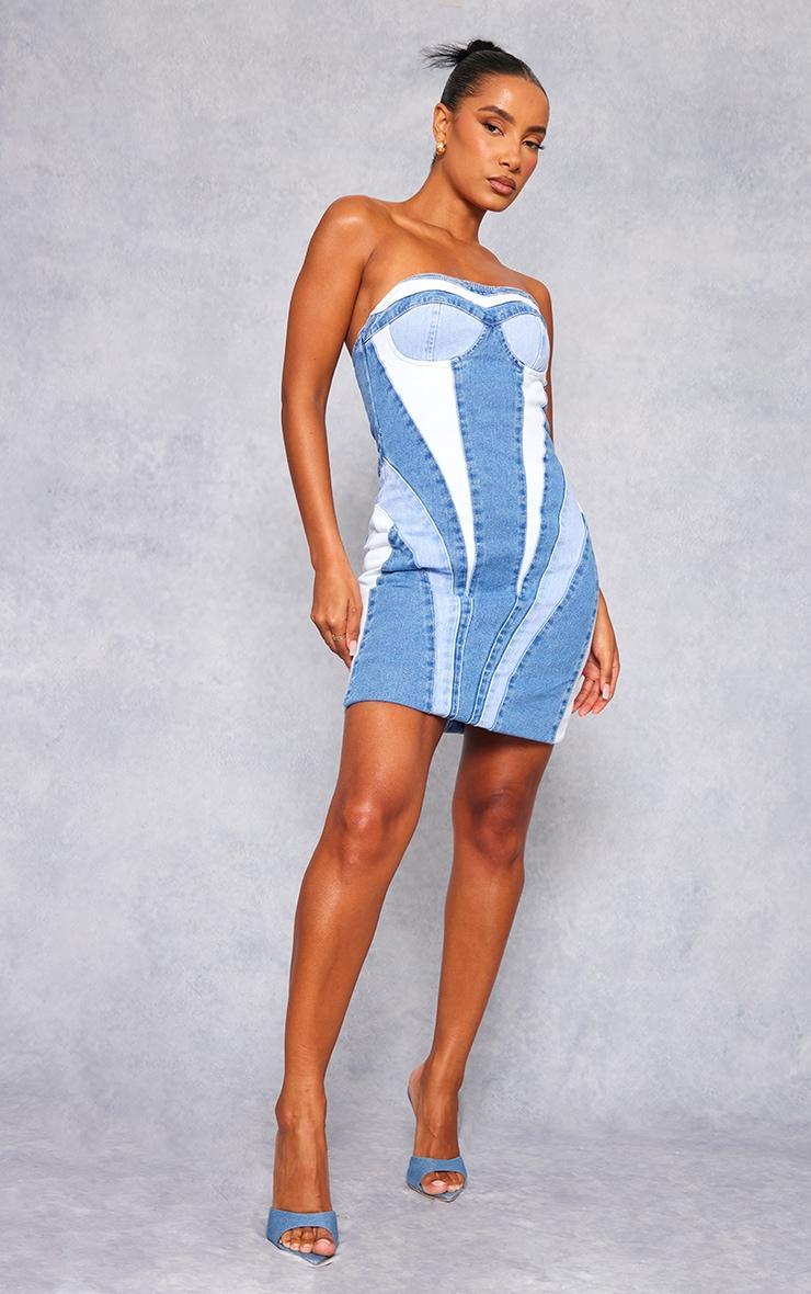 Mid Blue Wash Contrast Panel Denim Mini Dress Product Image