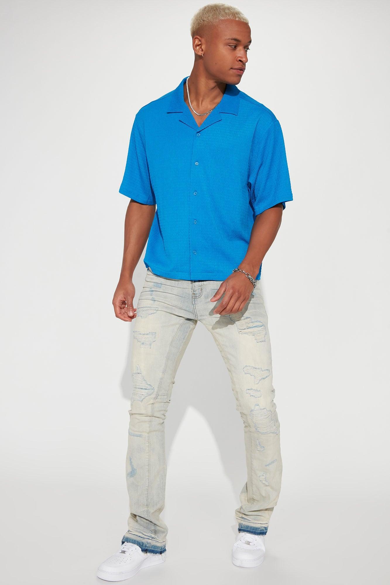 You Can Feel It Textured Short Sleeve Button Up - Blue Product Image