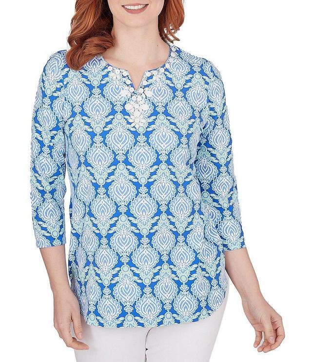 Ruby Rd. Petite Size Embellished Foulard Print Split Round Neck 3/4 Sleeve Knit Top Product Image