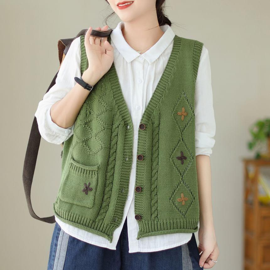 V-Neck Floral Embroidered Button Sweater Vest Product Image