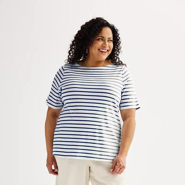 Plus Size Croft & Barrow Button Shoulder Top, Womens Blue Mod Stripe Product Image