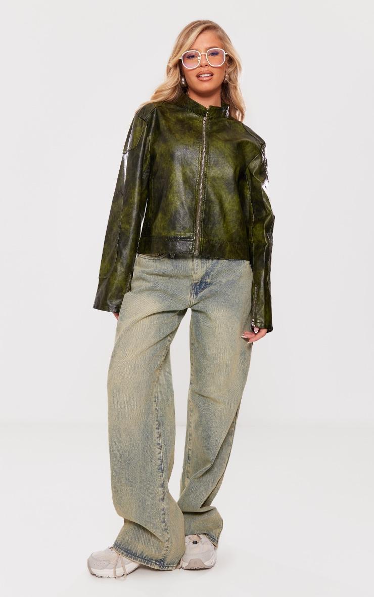 Dark Green Faux Leather Washed Boxy Biker Jacket Product Image