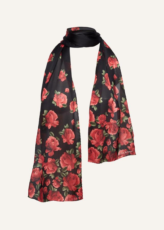 Rose-printed silk scarf in black Product Image