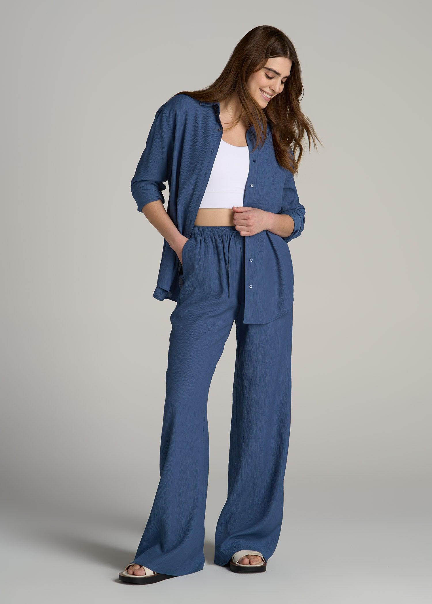 Crinkle Pull-on Wide-leg Pants for Tall Women in Steel Blue Product Image