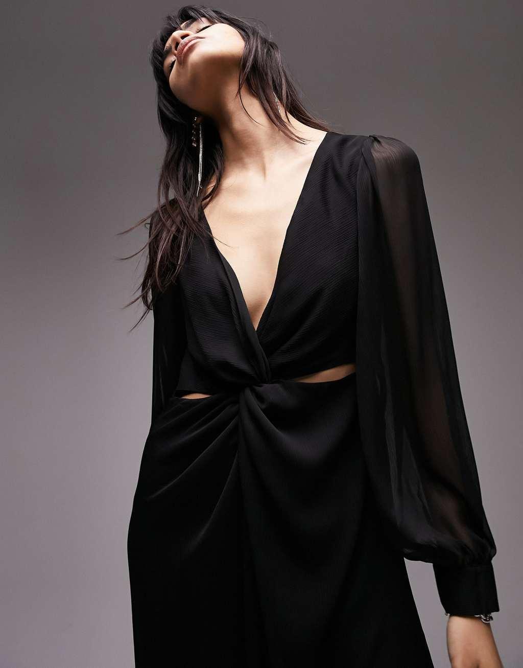 Topshop long sleeve twist cut out midi dress in black Product Image