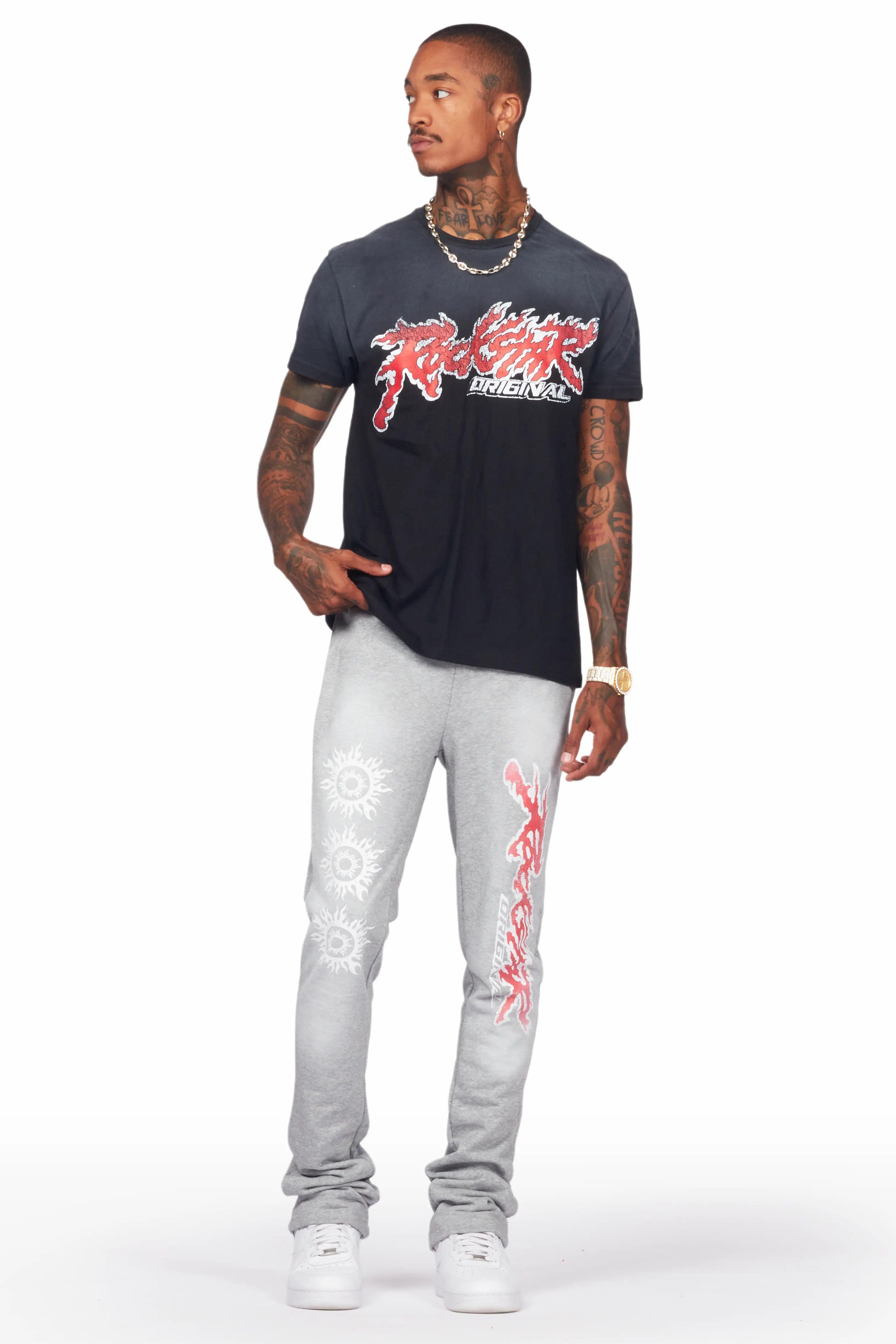 Yash Black/Grey T-Shirt/Stacked Flare Track Pant Set Male Product Image