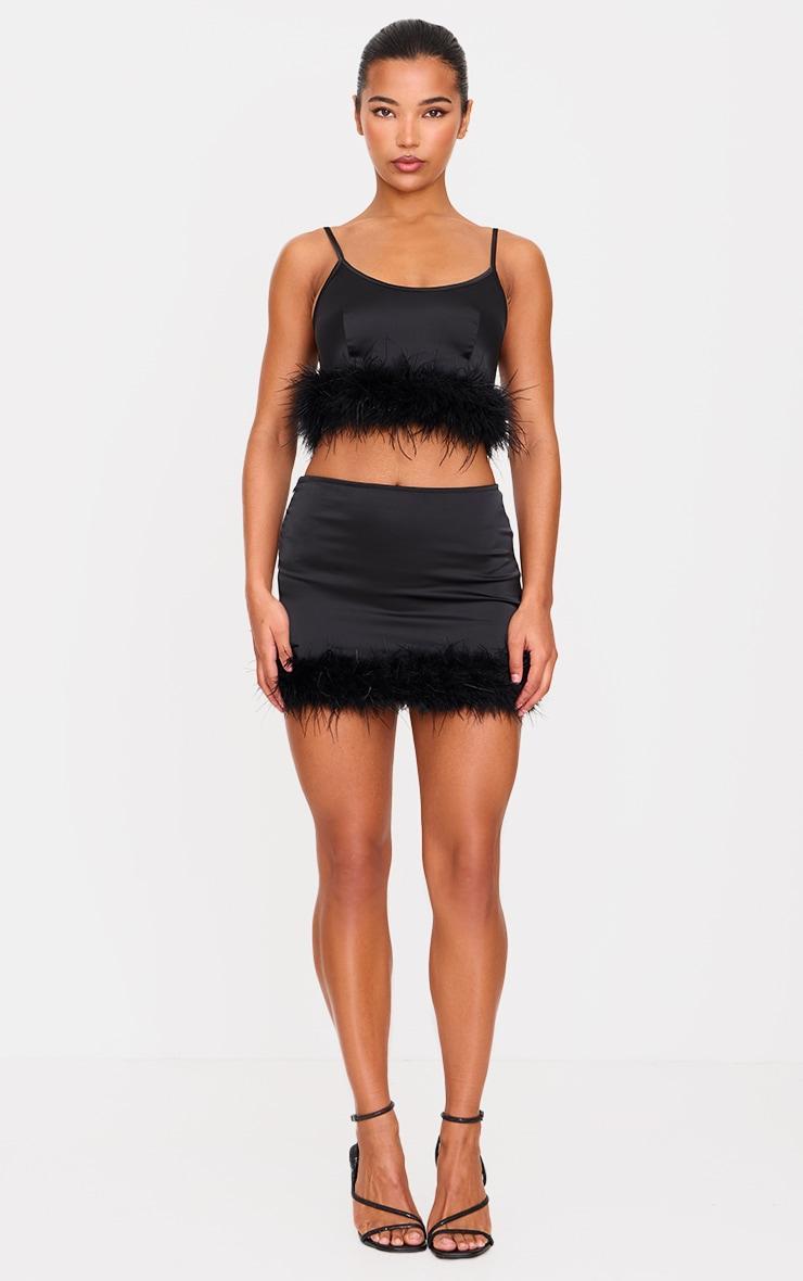 Black Textured Satin Feather Trim Mini Skirt Product Image