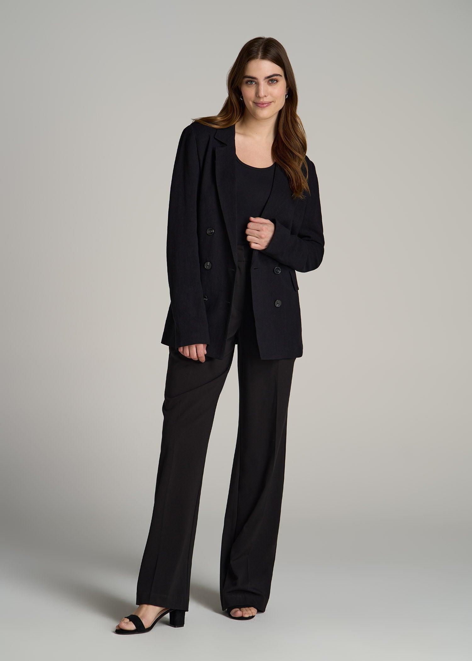 Linen Blend Tie Back Blazer For Tall Women in Black Product Image