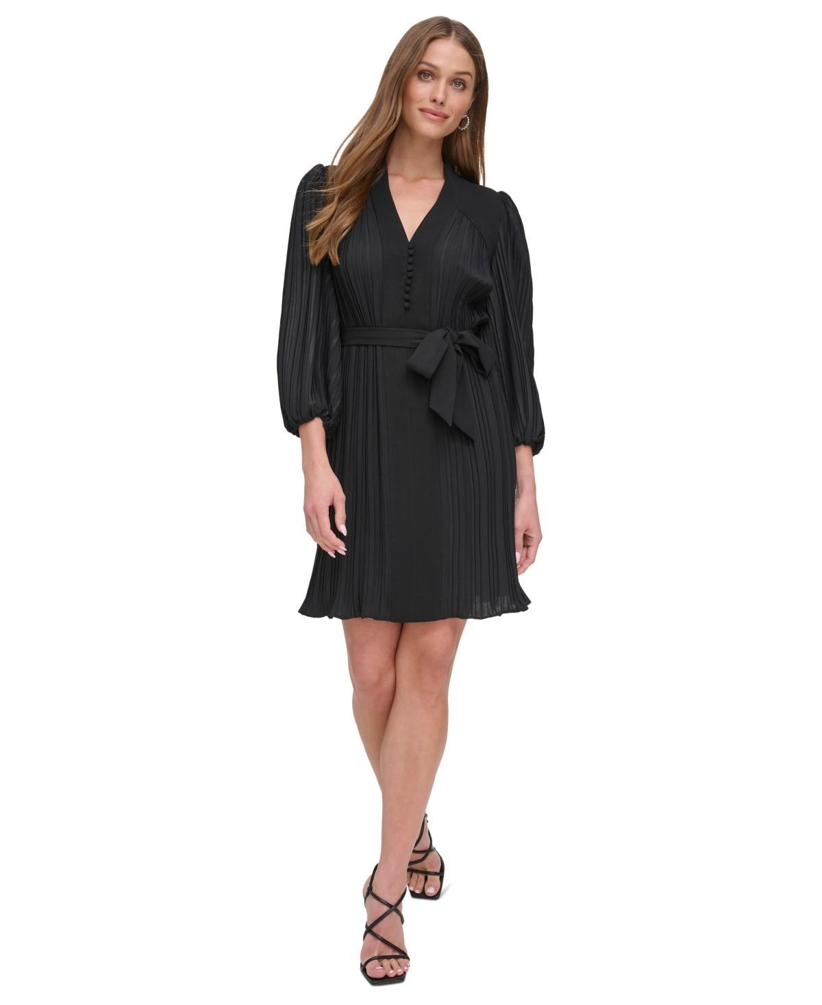 Dkny Womens Long-Sleeve Tie-Waist Pleated Dress Product Image