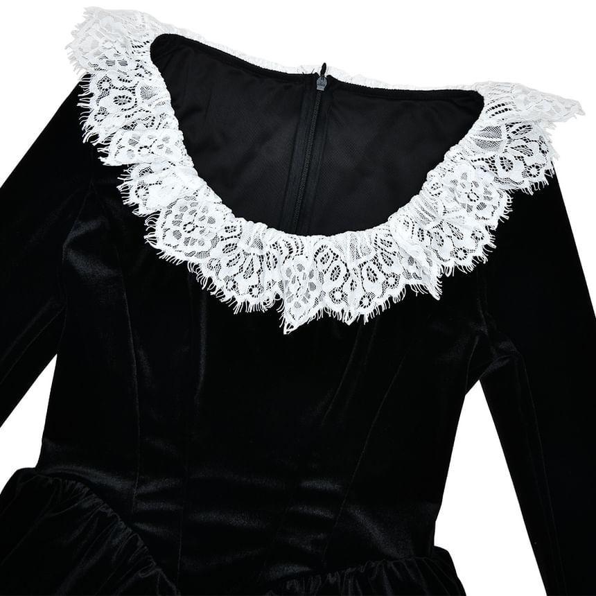 Long-Sleeve Square Neck Lace Panel Mini Dress Product Image