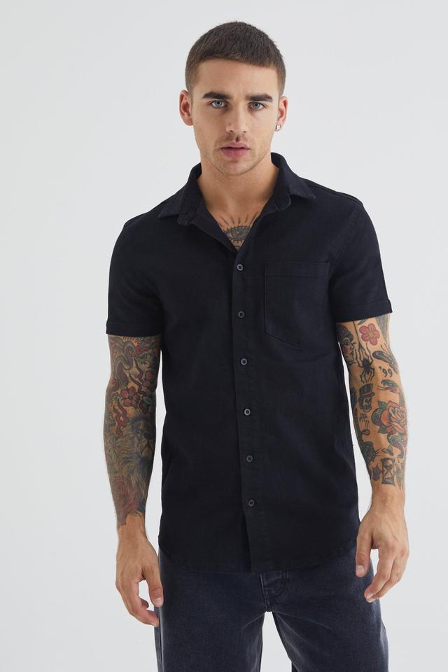 Short Sleeve Muscle Fit Denim Shirt | boohooMAN USA Product Image