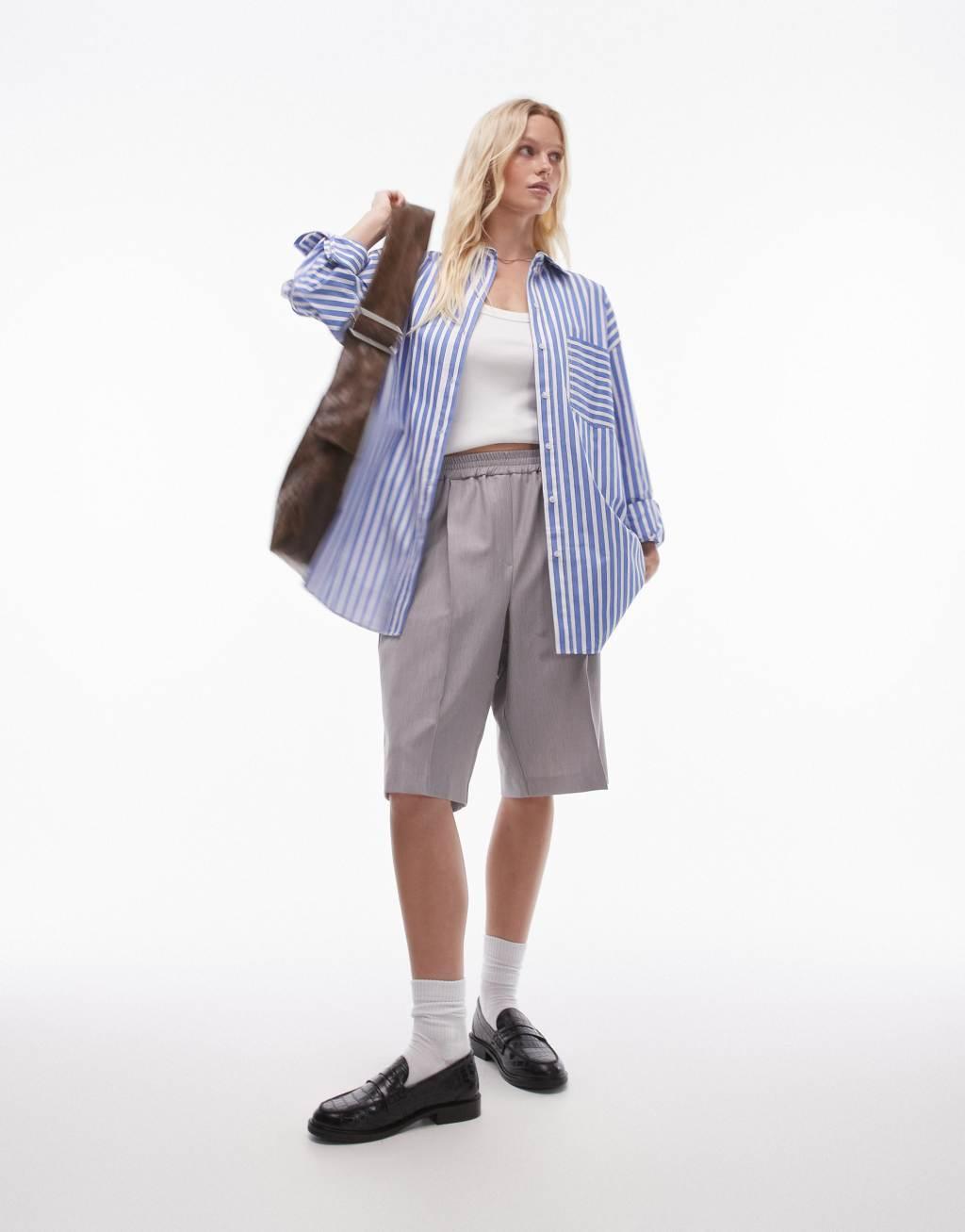 Topshop oversized shirt in blue wide stripe Product Image