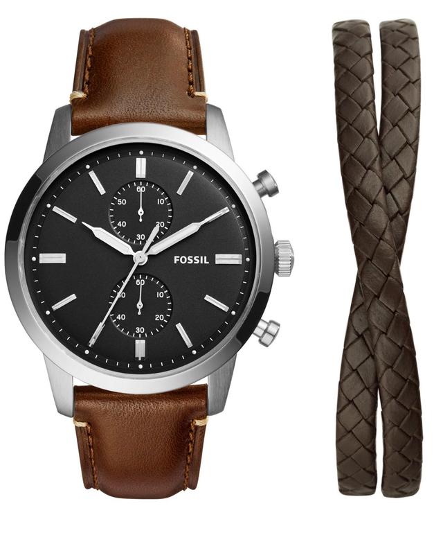 Fossil Mens Townsman Chronograph Brown Eco Leather Strap Watch and Bracelet Set Product Image