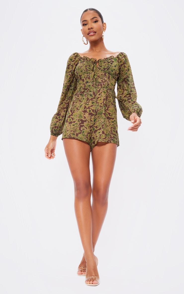  Green Floral Printed Tie Back Cut Out Romper Product Image