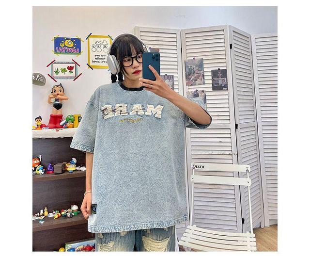 Elbow-Sleeve Crew Neck Denim T-Shirt Product Image