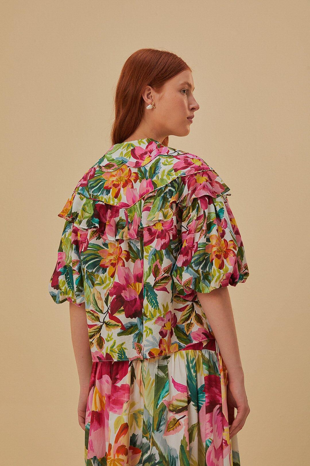 Off-White Painted Flowers Short Sleeve Blouse Product Image